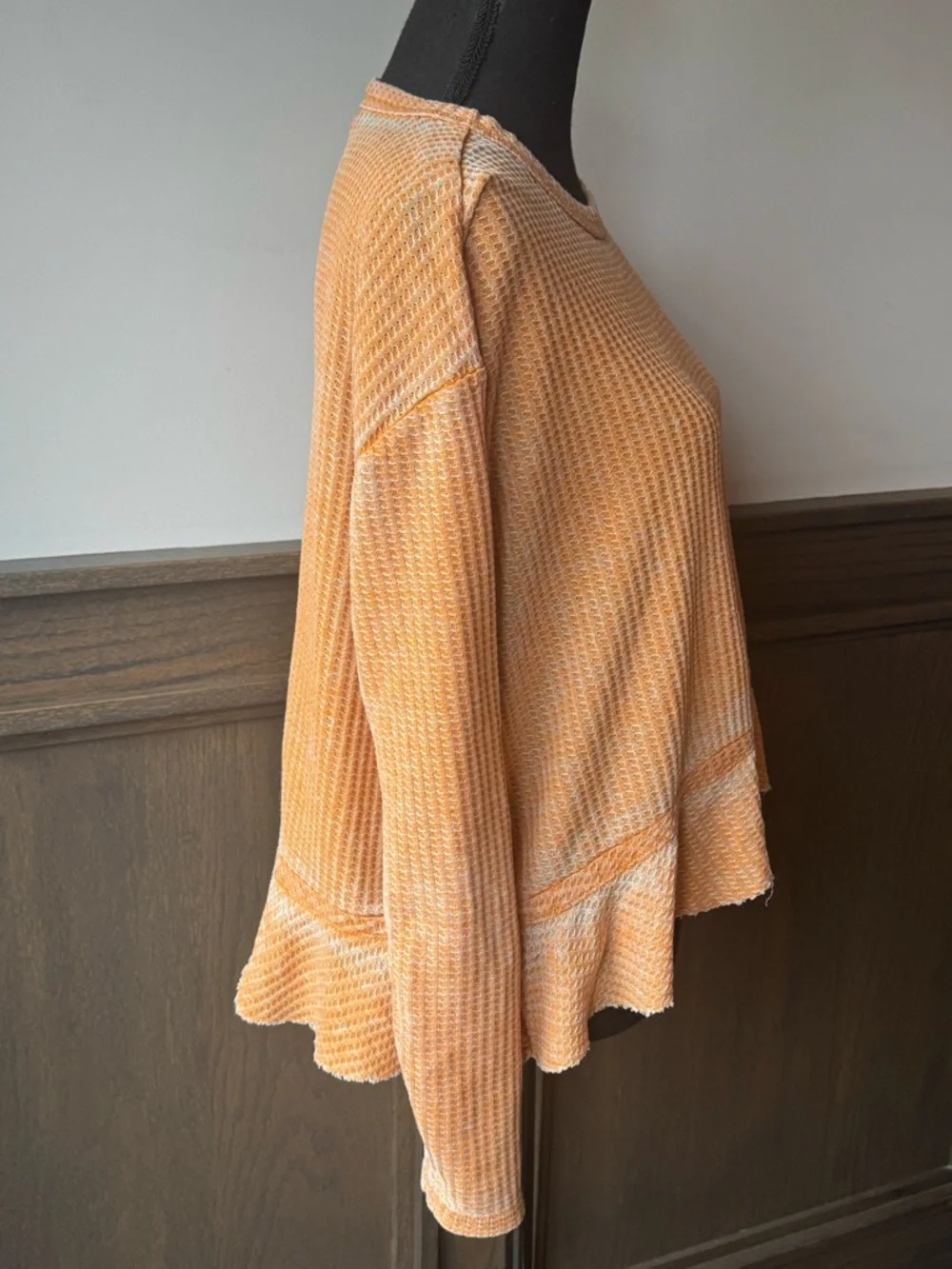 True Craft Orange Waffle-Knit Ruffle-Hem distressed long sleeve shirt L - Picture 4 of 6